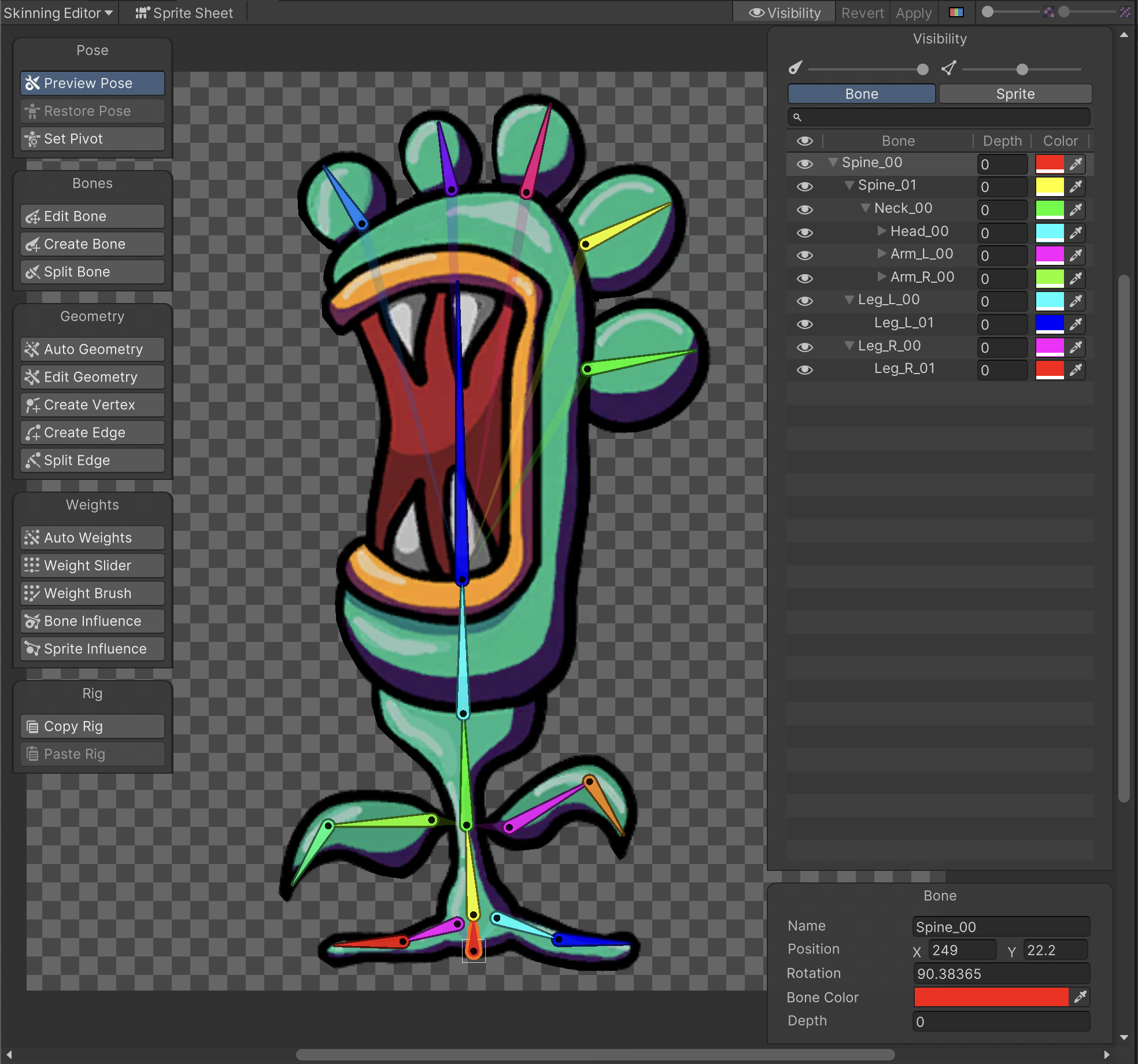 The Skinning Editor with the Plunkah sprite open. Each bone is a different color.