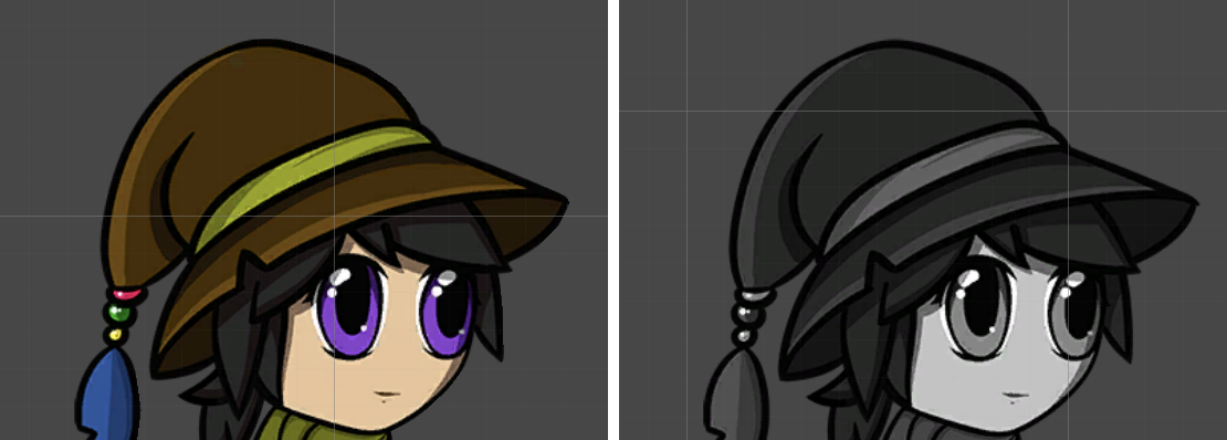 Two images displaying a character sprite. The first is the character in color, the second is the character in grayscale.