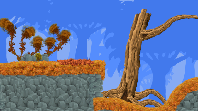 This image shows a level created with the Sprite Shape tool. This shows a 2D side-scrolling platform level with its floor made of tiled grass and rock tiles. Trees and plants decorate the level, which are made of tiled sprites with the Sprite Shape tool.