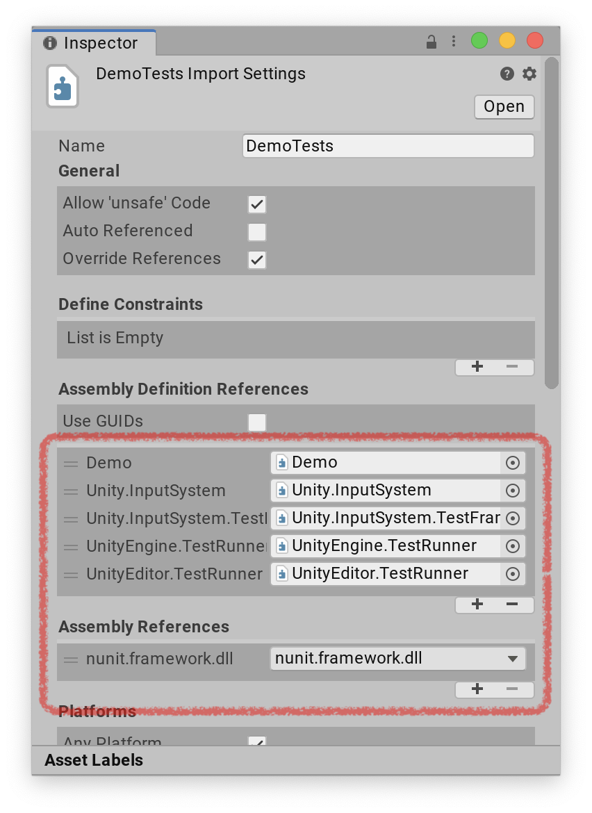 The Inspector displays the Assembly Definition References and the Assembly References linked for the DemoTests Import Settings.