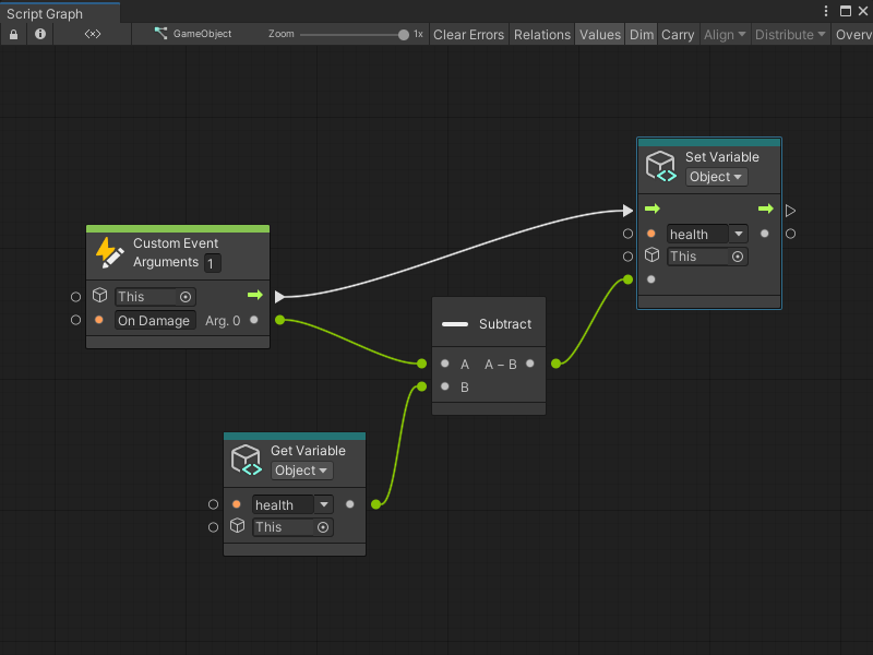 The Get Variable node provides the current health to the Subtract node, which outputs a new health value to the Set Variable node.