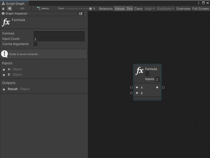 A Formula node has two text fields: one for the formula itself, and one for the number of arguments.