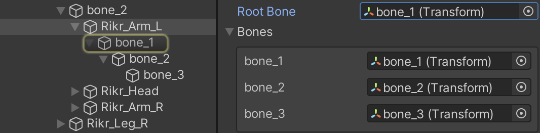 GameObject Transform components with the names bone_1, bone_2 and bone_3.