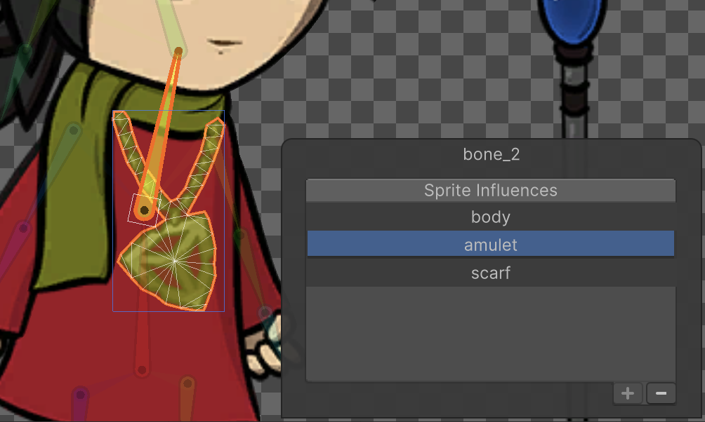 The Sprite Influence panel next to a model with one bone highlighted. The list in the Sprite Influence panel indicates that the bone influences the body, amulet, and scarf meshes.