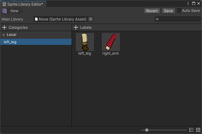 The Sprite Library Editor window with a new category called left_leg that contains the left_leg and left_arm sprites dragged from the Labels column