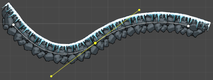 Example of level geometry made with the Open Shape preset, showing a snow-covered rock platform created by tiled sprites following the curve of the Sprite Shape's spline.