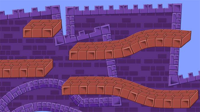 This image shows a level created with the Sprite Shape tool. This shows a 2D side-scrolling platform level with multiple platforms made of tiled red brick sprites. The platforms are all of different lengths. The background is made of tiled purple bricks made to resemble castle walls. The different level elements are curved to show that their geometry follows the spline of the Sprite Shape tool.