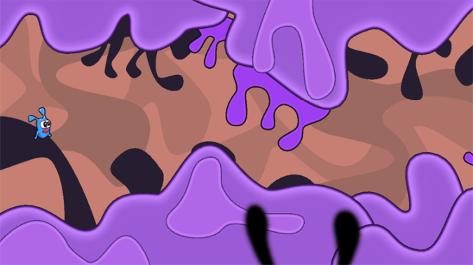 This image shows a level created with the Sprite Shape tool. This shows a 2D side-scrolling platform with purple rounded geometry of random shapes. The random shapes make up both the floor and ceiling of a platforming level, with a character sprite to the left.