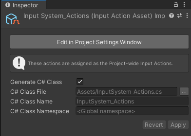 The input action asset's Inspector window displays the enabled Generate C# Class property with default values for the C# class's file, name, and namespace settings.