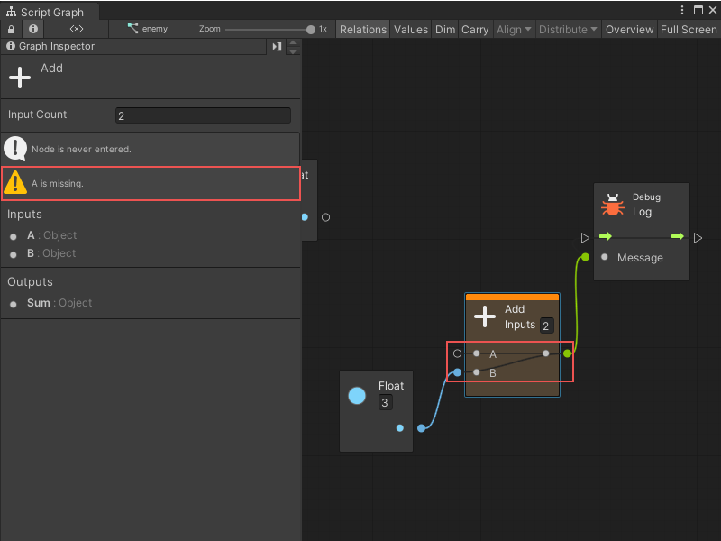 An Add node that's missing an input shows up in orange in the Graph Inspector.