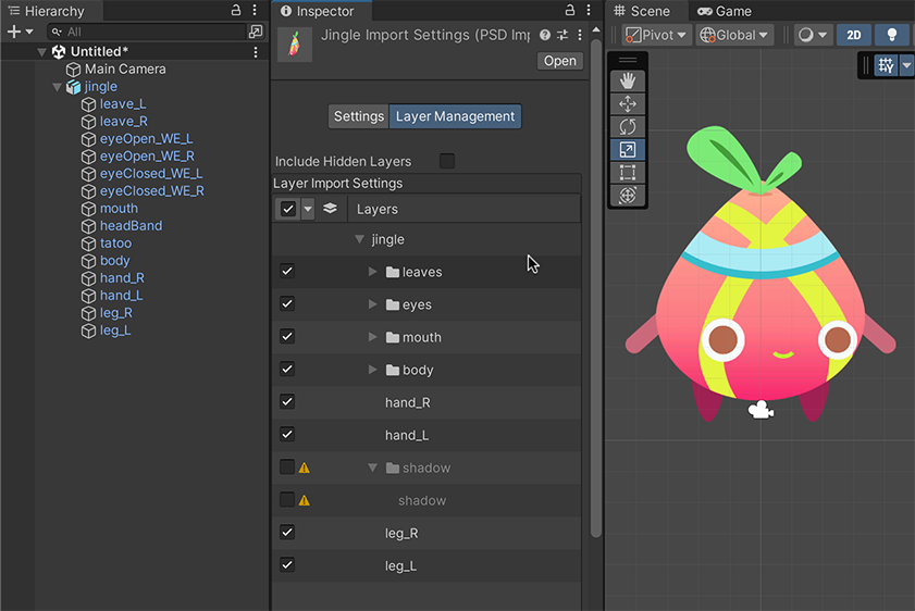 A character sprite in the Scene view. The Hierarchy window lists one GameObject for each layer in the source file.