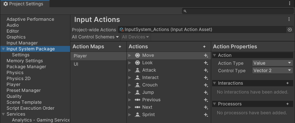 The Input Actions Editor in the Project Settings window